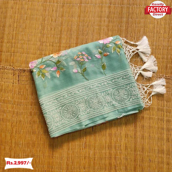 Light Green Premium Organza Embroidered Saree