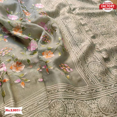 Grey Premium Organza Embroidered Saree