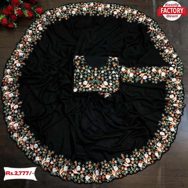 Black Vichitra Silk Embroidered Saree