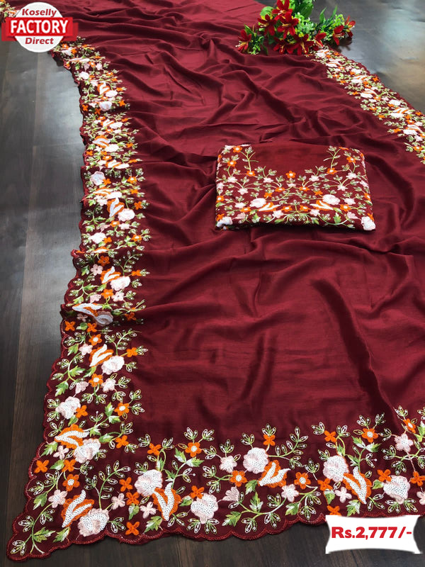 Maroon Vichitra Silk Embroidered Saree