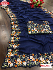 Navy Blue Vichitra Silk Embroidered Saree