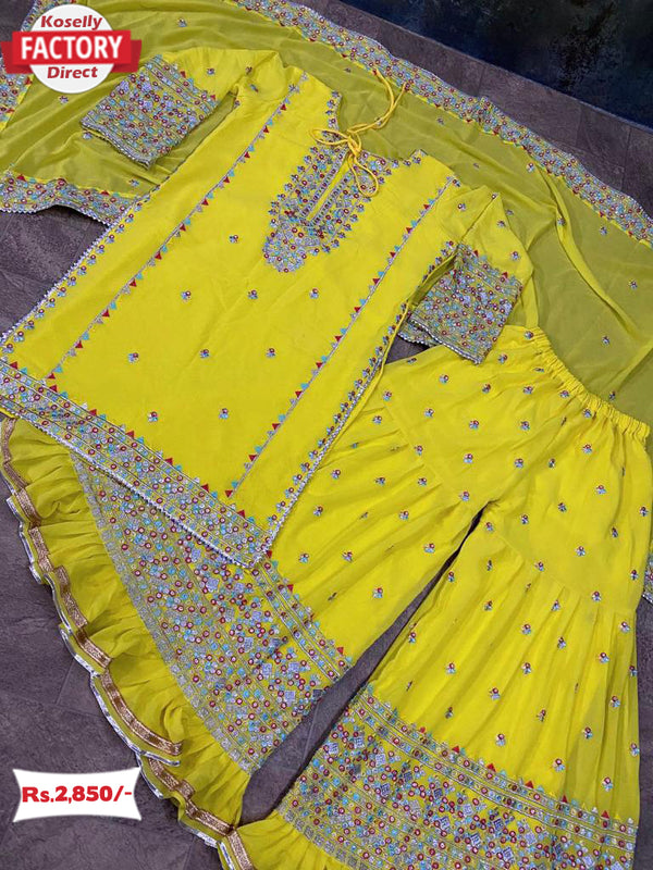 Neon Green Embroidered Kurtha Sharara Dress