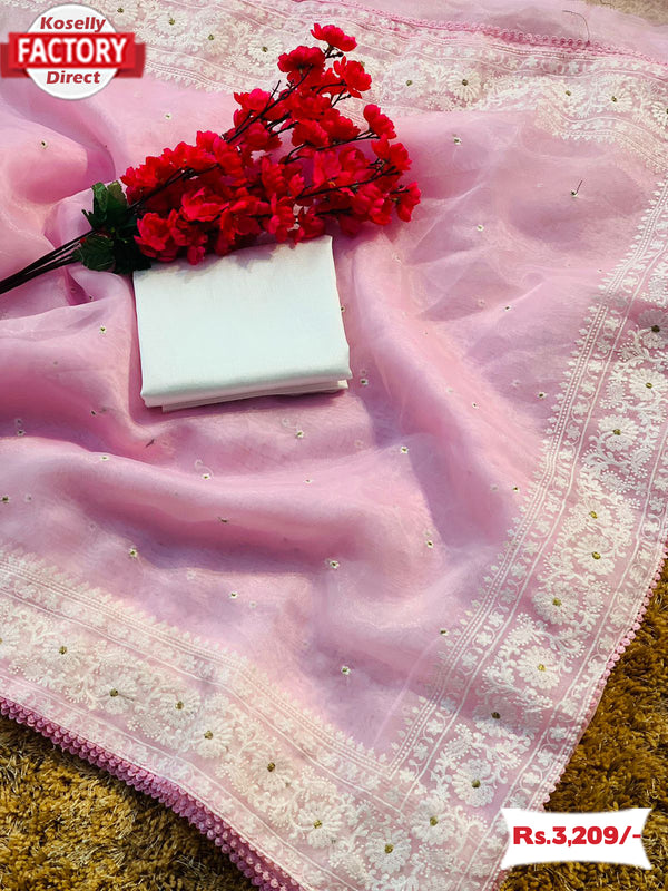 Pink Chikankari Work Organza Saree