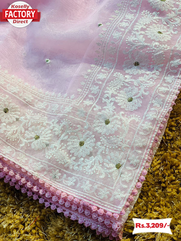 Pink Chikankari Work Organza Saree