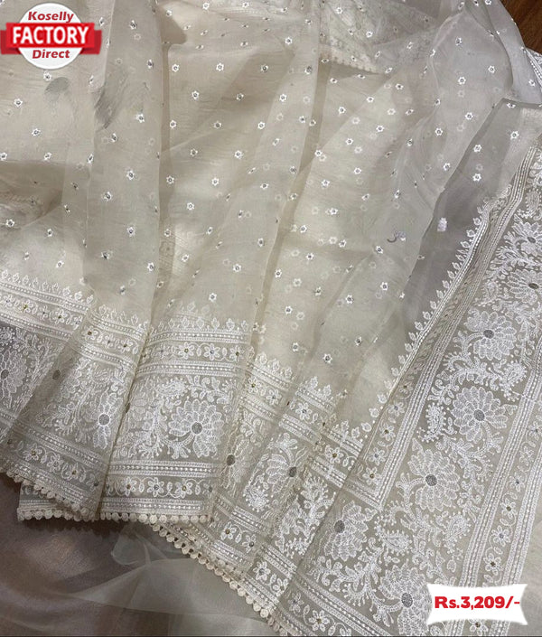 White Chikankari Work Organza Saree