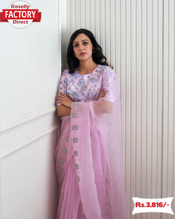 Lavender Organza Handwork Saree
