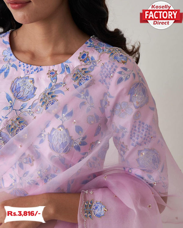 Lavender Organza Handwork Saree
