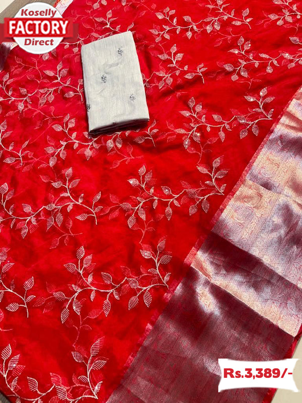 Red Sequins Worked Organza Silk Partywear Saree
