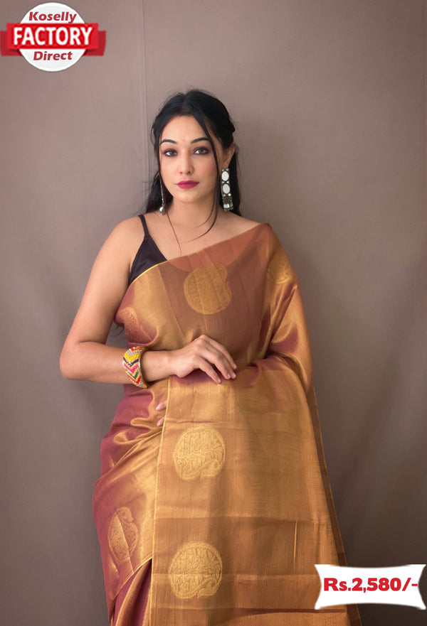 Peachy Golden Banarasi Pure Tissue Silk Saree