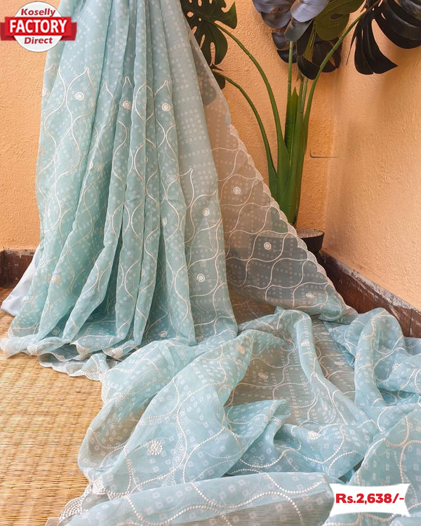 Sky Blue Bandhani Organza Saree With Embroidery Work