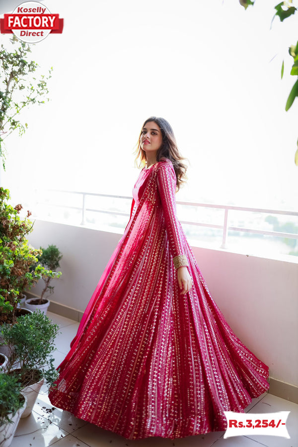 Pink Partywear Gown With Long Koti Set