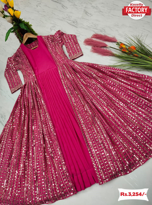 Pink Partywear Gown With Long Koti Set