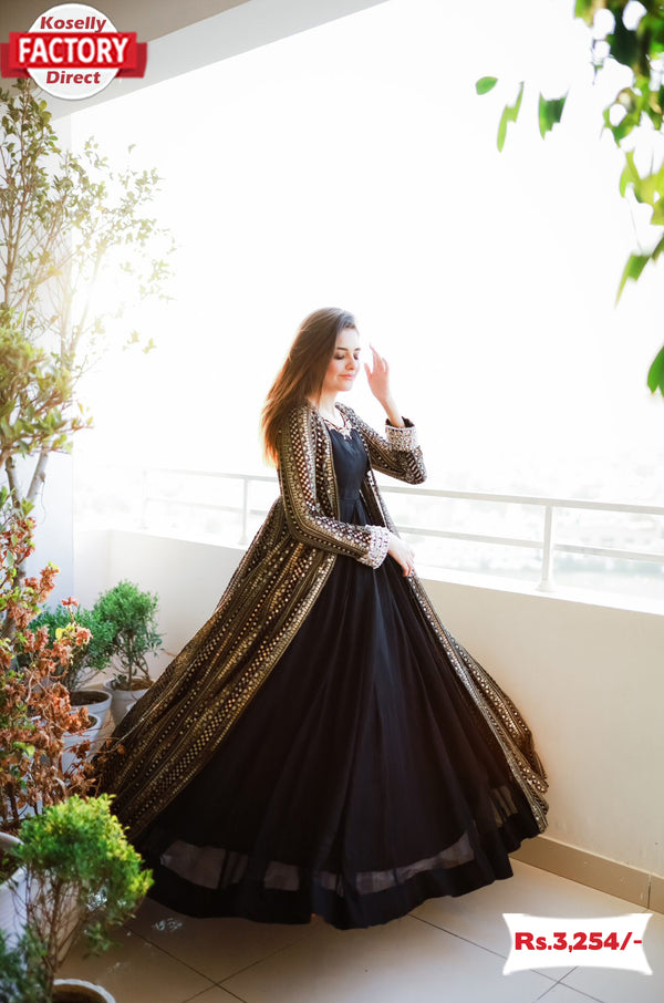 Black Partywear Gown With Long Koti Set