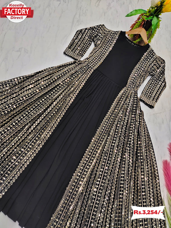 Black Partywear Gown With Long Koti Set