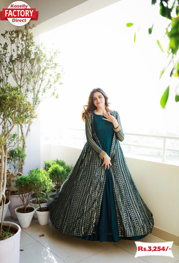 Turquoise Partywear Gown With Long Koti Set