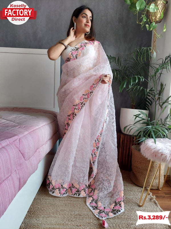 Pink Heavy Organza Embroidered Fancy Saree