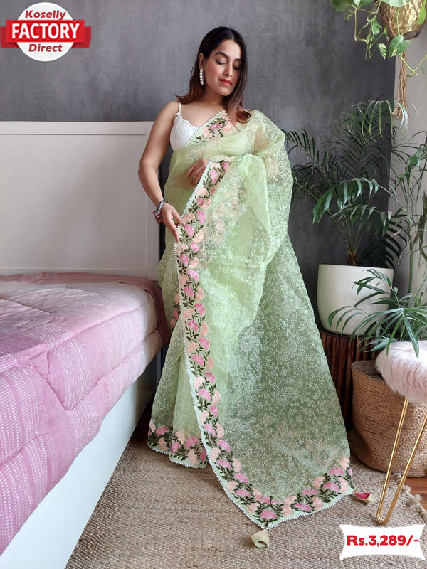 Light Green Heavy Organza Embroidered Fancy Saree