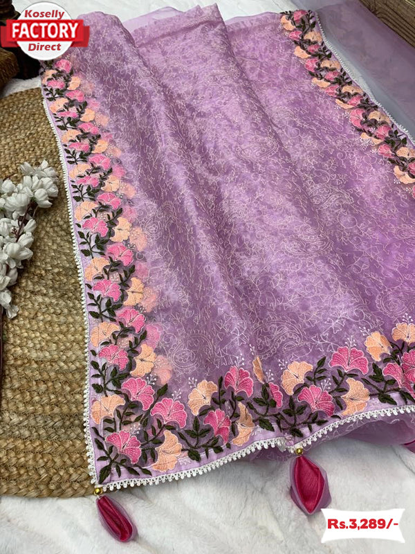 Lavender Heavy Organza Embroidered Fancy Saree