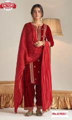 Red Velvet Embroidered Kurtha Pant Dupatta Set