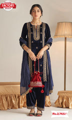 Navy Blue Velvet Embroidered Kurtha Pant Dupatta Set