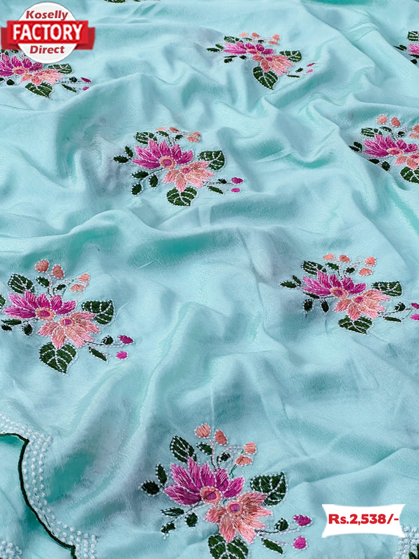 Sky Blue Chinnon Silk Embroidered Saree