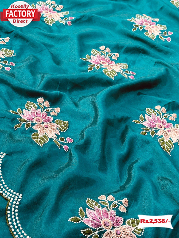 Turquoise Chinnon Silk Embroidered Saree