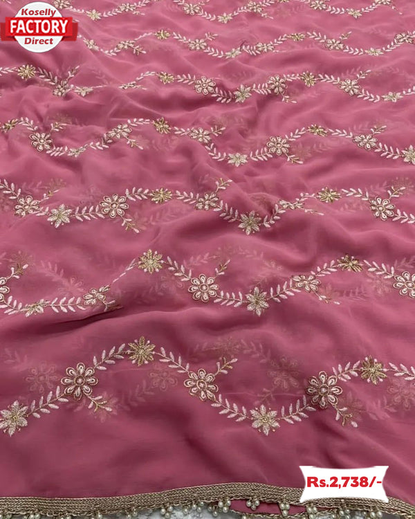Pink Faux Georgette Embroidered Partywear Saree