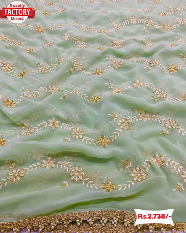 Dusty Green Faux Georgette Embroidered Partywear Saree