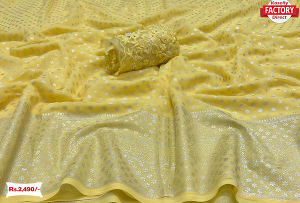 Yellow Pure Georgette Silver Foil Fancy Saree