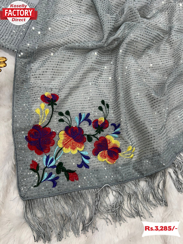 Silver Sequins And Multi-thread Work Partywear Saree