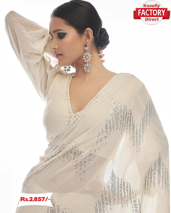 White Georgette Partywear Sequins Saree