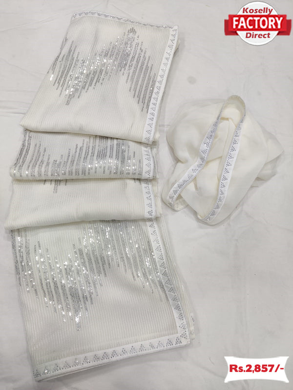 White Georgette Partywear Sequins Saree