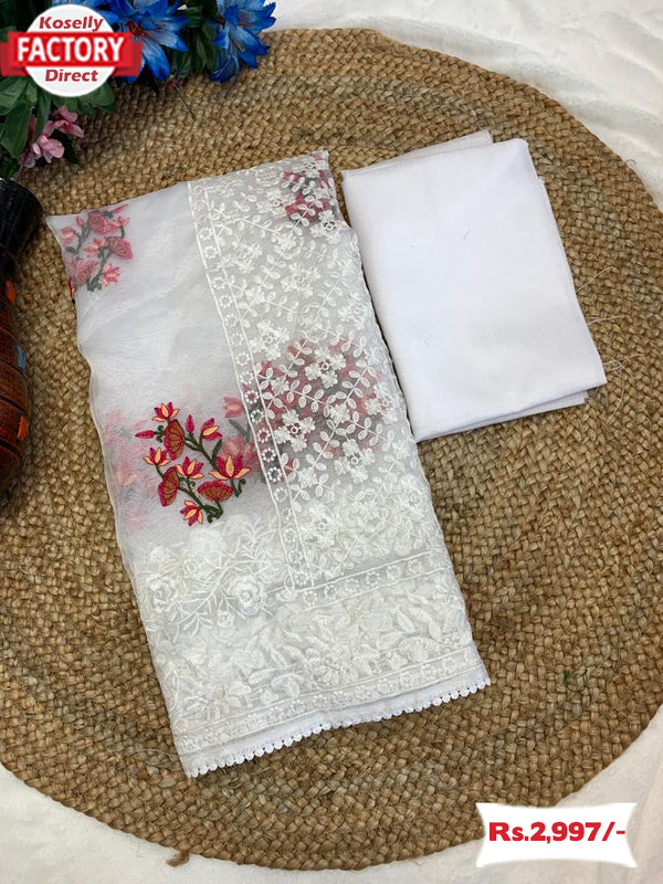 Designer White Organza Multi-thread Work Saree