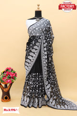 Black Viscose Organza Chikankari Worked Saree