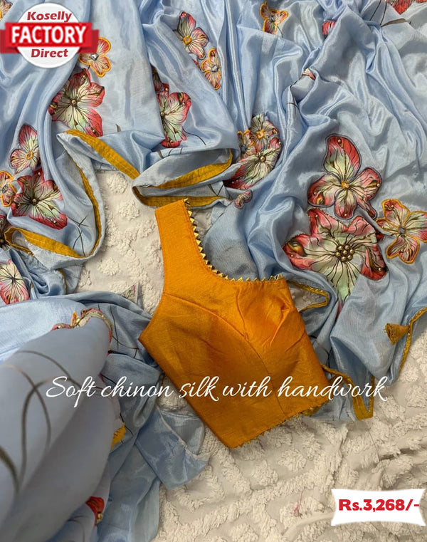 Faint Blue Pure Chinon Silk Handwork Saree With Stitched Blouse