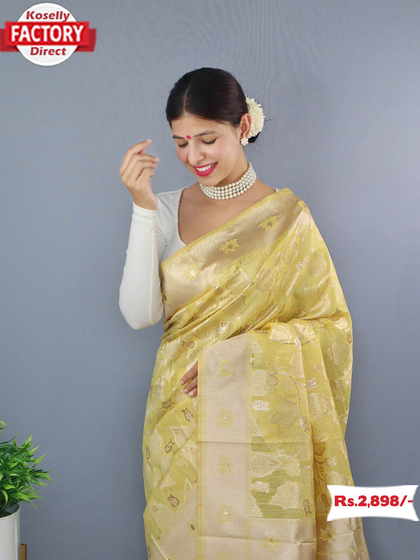 Yellow Pure Slub Linen Rich Zari Saree