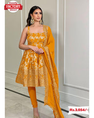 Yellow Peplum Style Kurtha Palazzo Dupatta Set