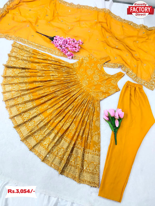 Yellow Peplum Style Kurtha Palazzo Dupatta Set