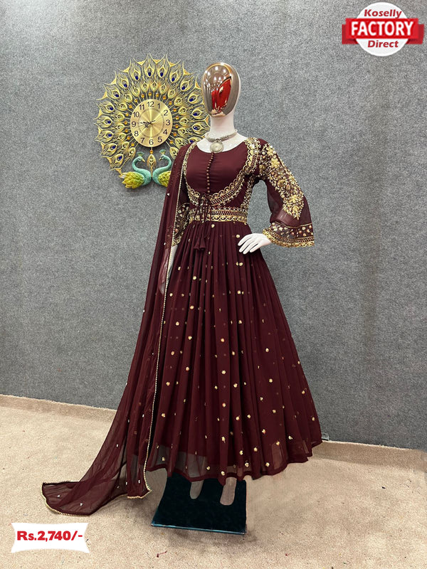 Maroon Embroidered Partywear Gown Dupatta Set