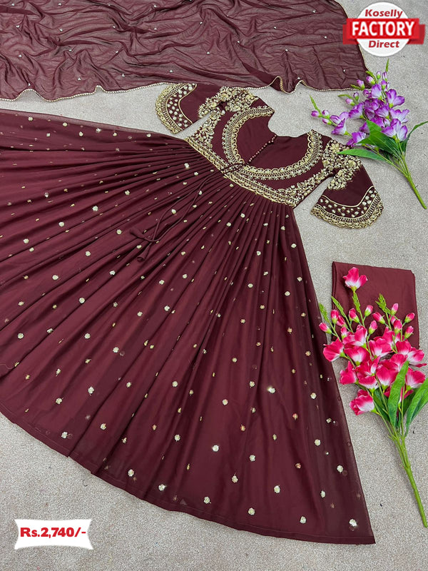 Maroon Embroidered Partywear Gown Dupatta Set