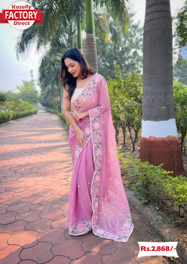 Pink Shimmer Silk Embroidered Saree