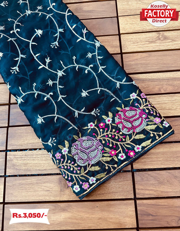 Black Chinnon Silk Saree With Multi-thread Embroidery