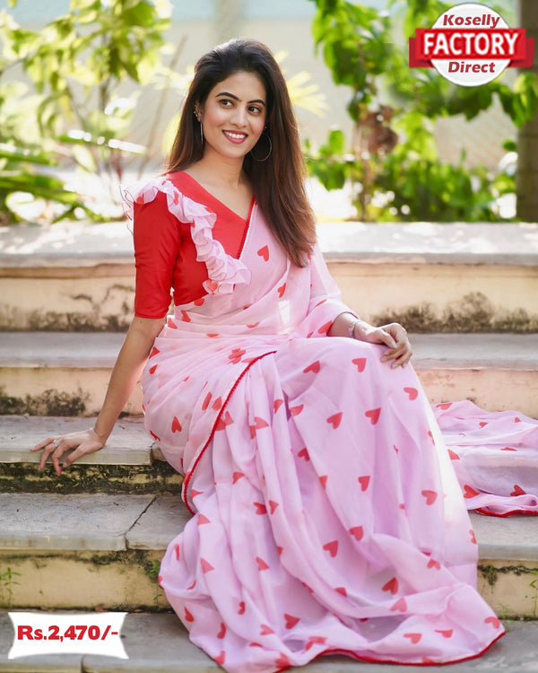 Pink Saree With Readymade Frill Blouse