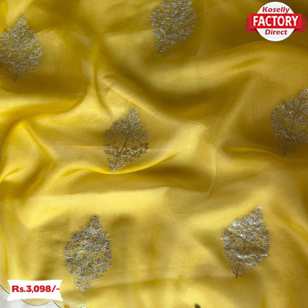 Yellow Pure Organza Saree With Stitched Blouse