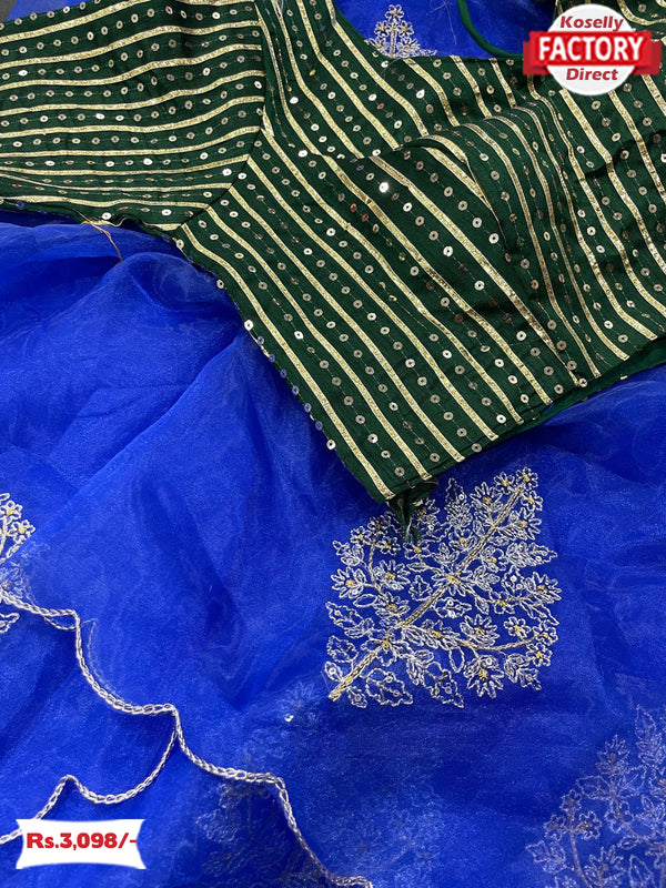 Royal Blue Pure Organza Saree With Stitched Blouse