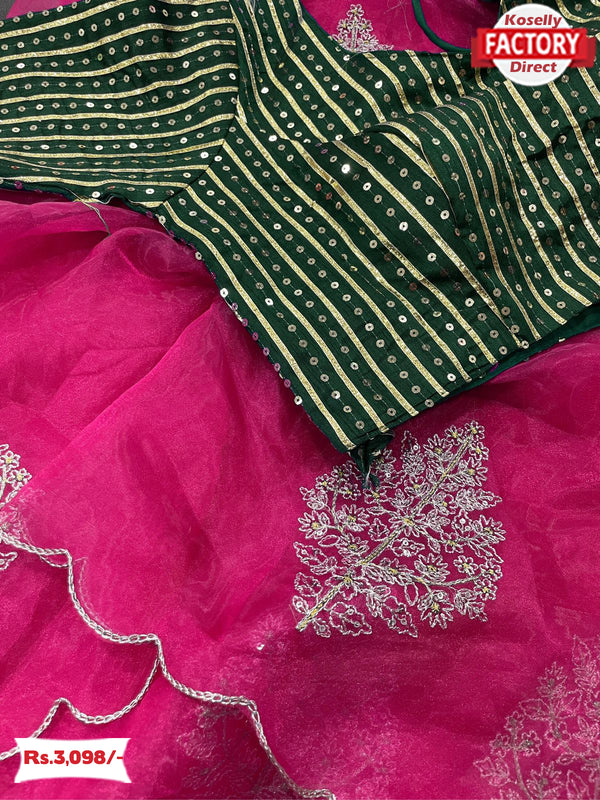 Pink Pure Organza Saree With Stitched Blouse