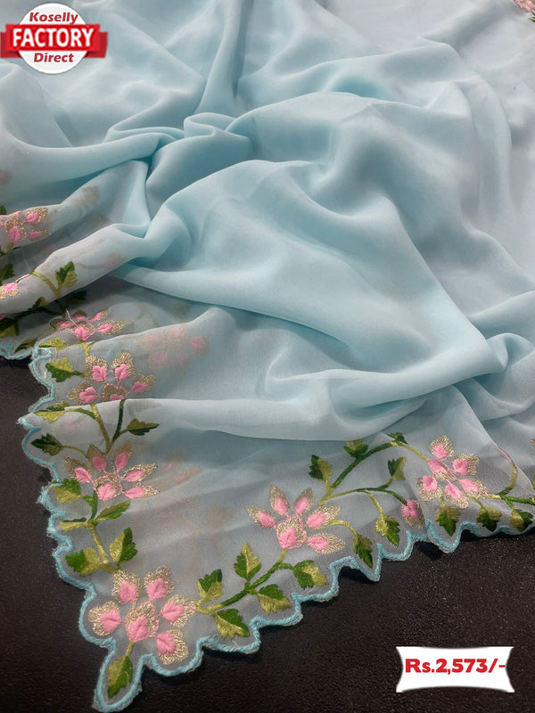 Sky Blue Georgette Embroidered Saree