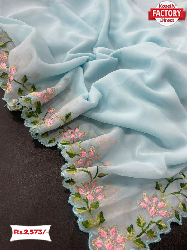 Sky Blue Georgette Embroidered Saree