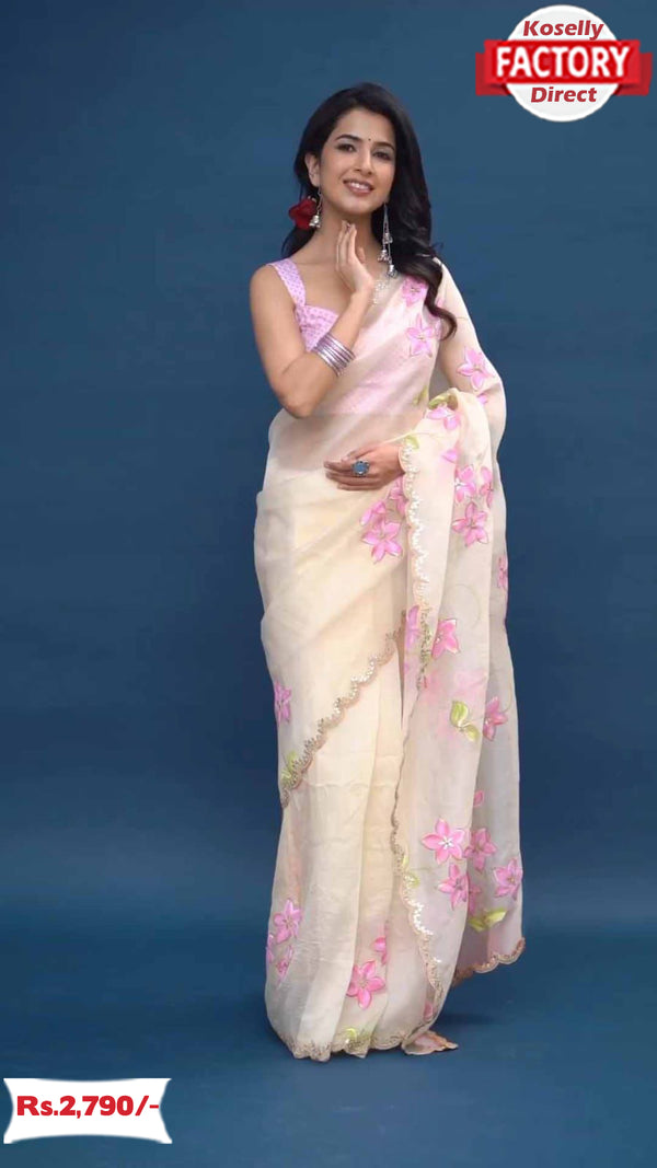 Beige Handpainted Organza Saree
