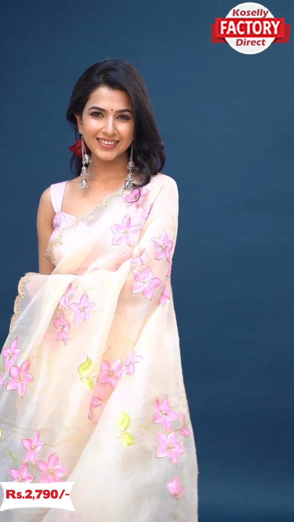 Beige Handpainted Organza Saree